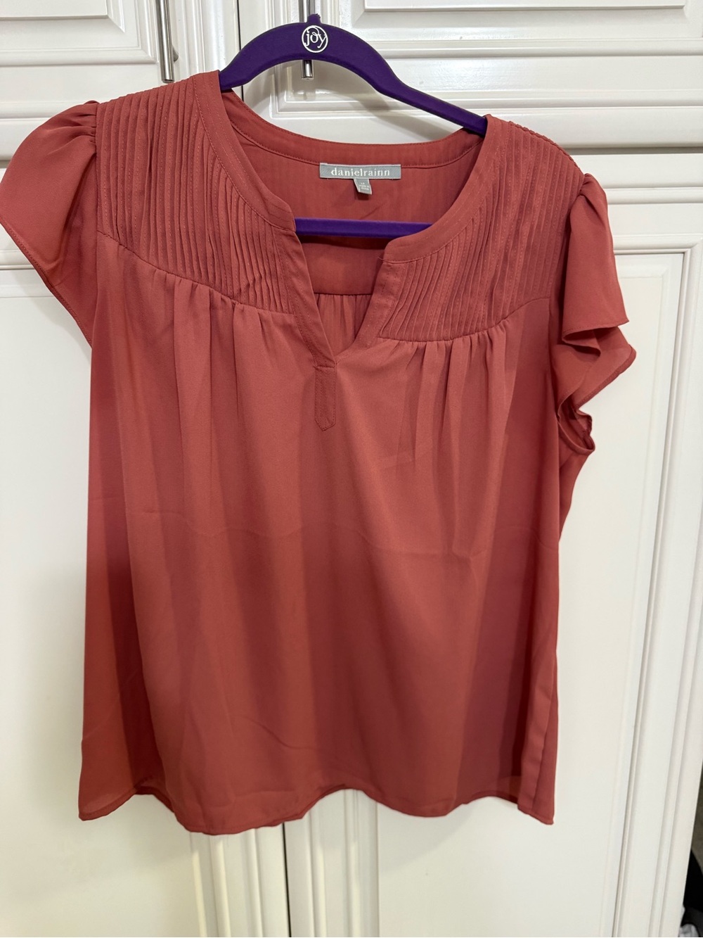 Daniel Rainn Burnt Orange Pleated Yoke Short Sleeve Blouse